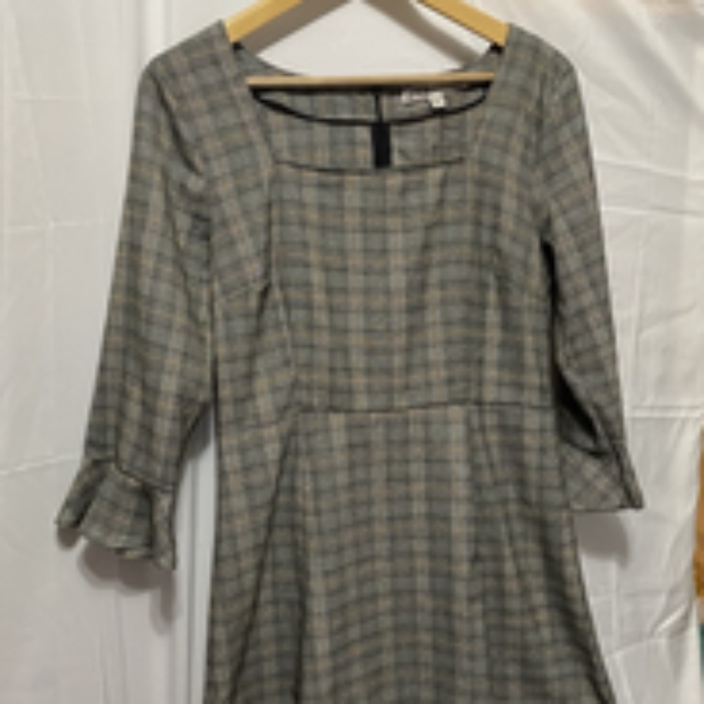 gypsies & moondust L dress Long Flounce Sleeve Zip Square Neckline Brown Tweed